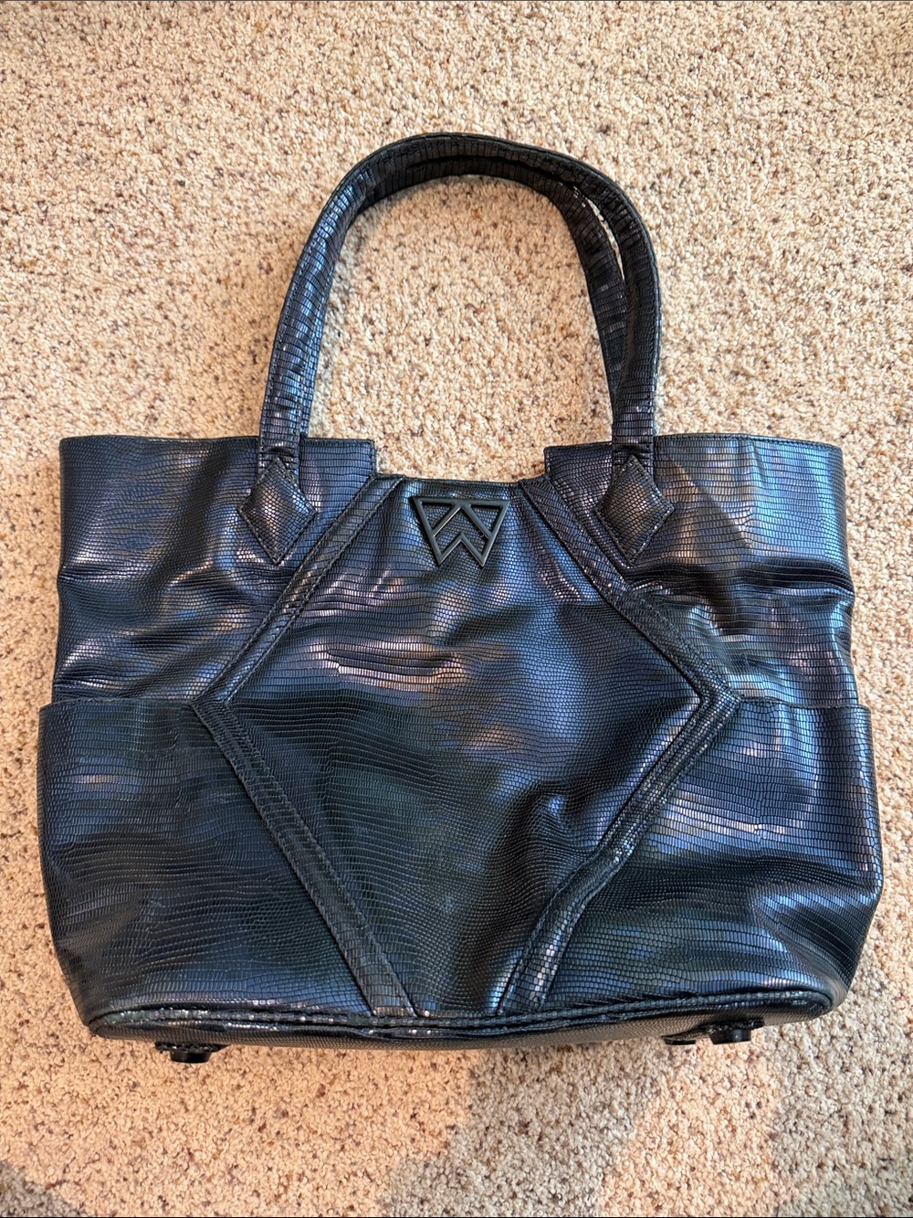 Women's Navy Textured Tote with Geometric Paneling